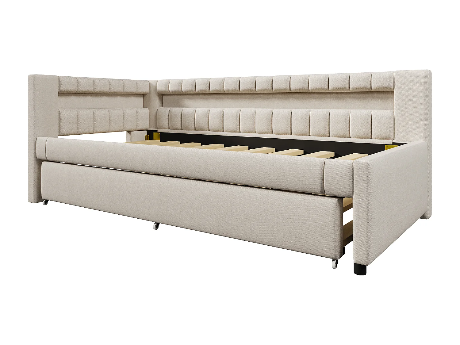 Lit banquette enfant 90x200cm avec lit gigogne 90x190cm, LED et USB, sommier à lattes, en lin beige, sans matelas