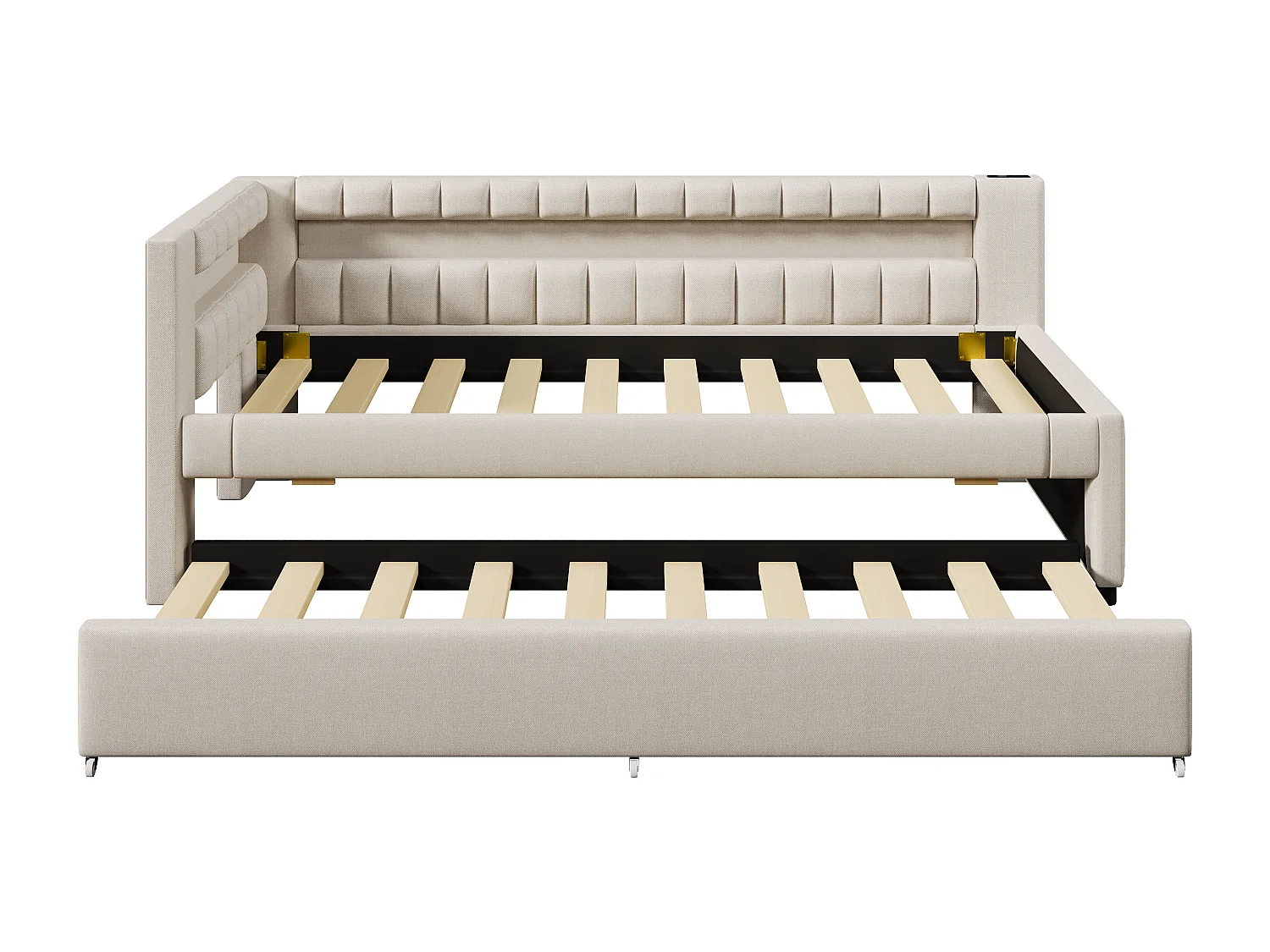 Lit banquette enfant 90x200cm avec lit gigogne 90x190cm, LED et USB, sommier à lattes, en lin beige, sans matelas