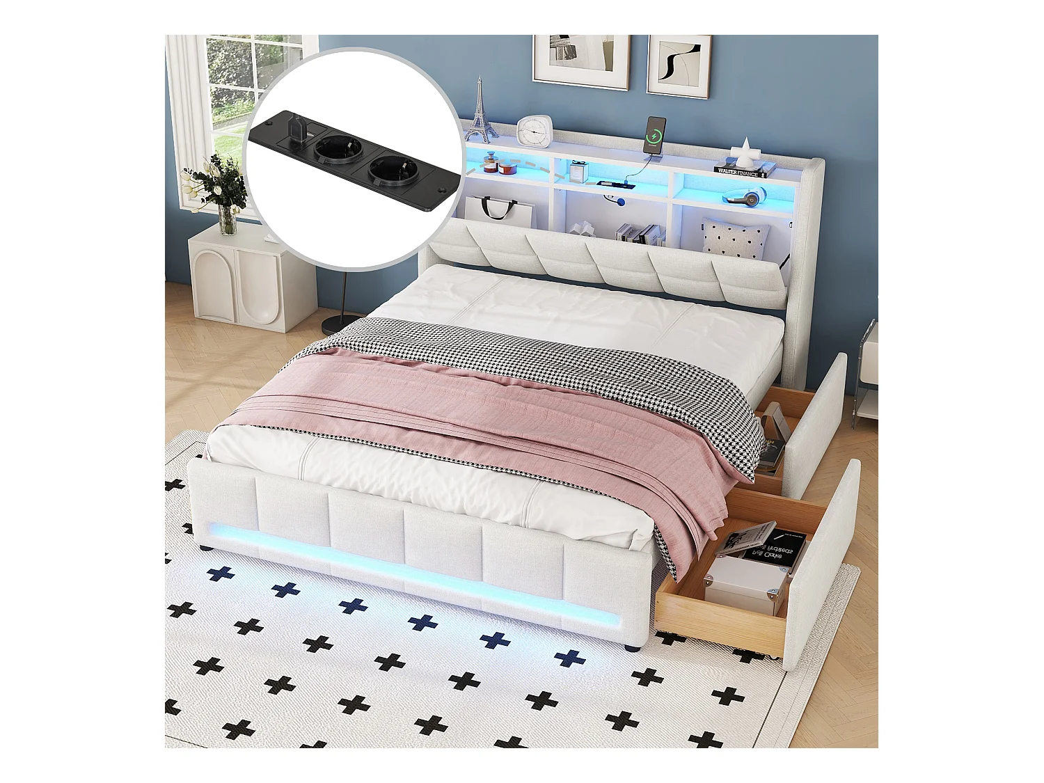 Lit adulte 160 x 200 cm, lit double capitonné avec 2 tiroirs, prises et USB, éclairage LED, sans matelas, lin, beige