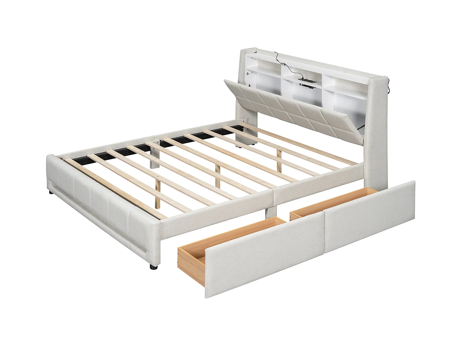 Lit adulte 160 x 200 cm, lit double capitonné avec 2 tiroirs, prises et USB, éclairage LED, sans matelas, lin, beige
