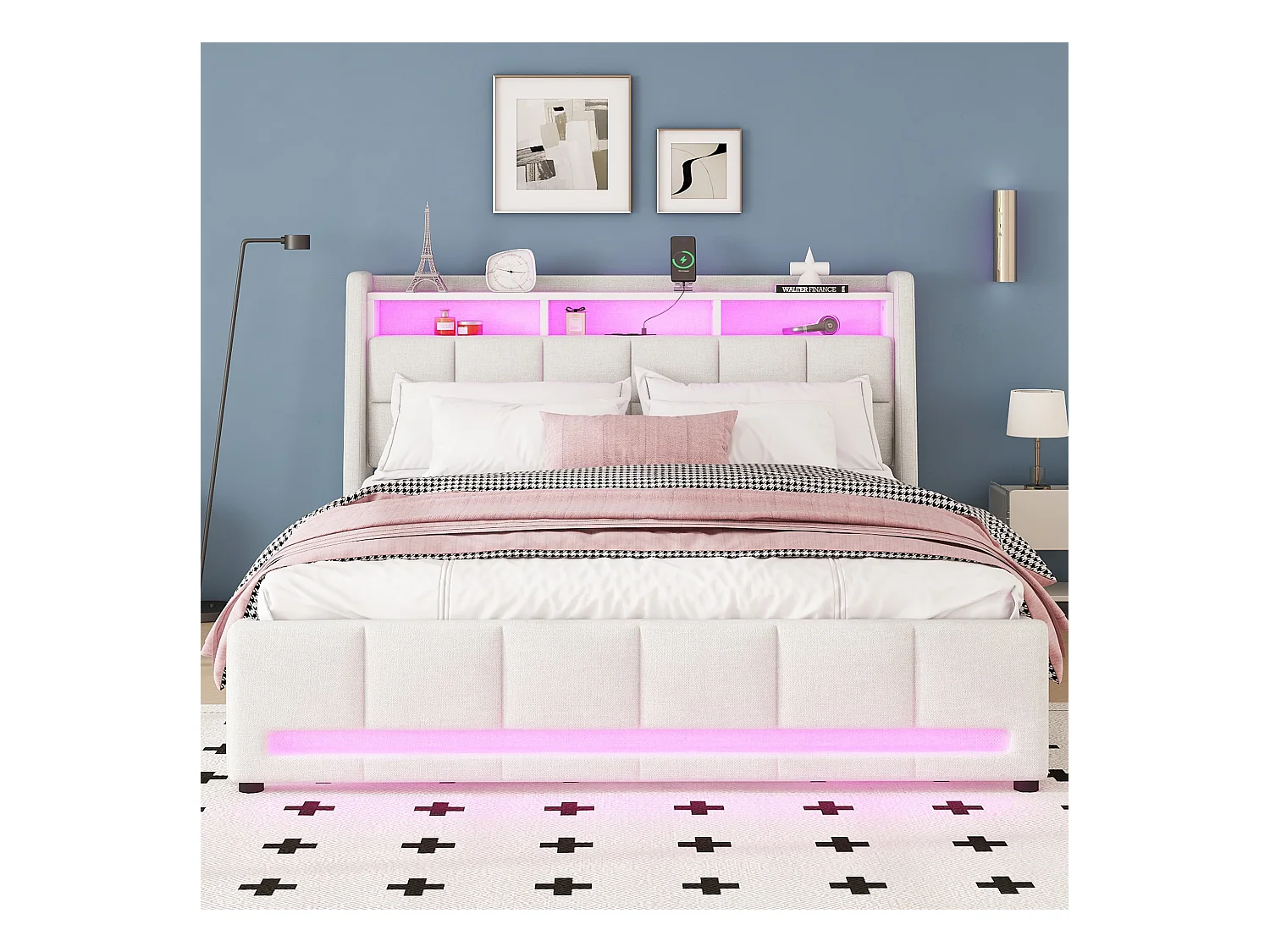 Lit adulte 160 x 200 cm, lit double capitonné avec 2 tiroirs, prises et USB, éclairage LED, sans matelas, lin, beige