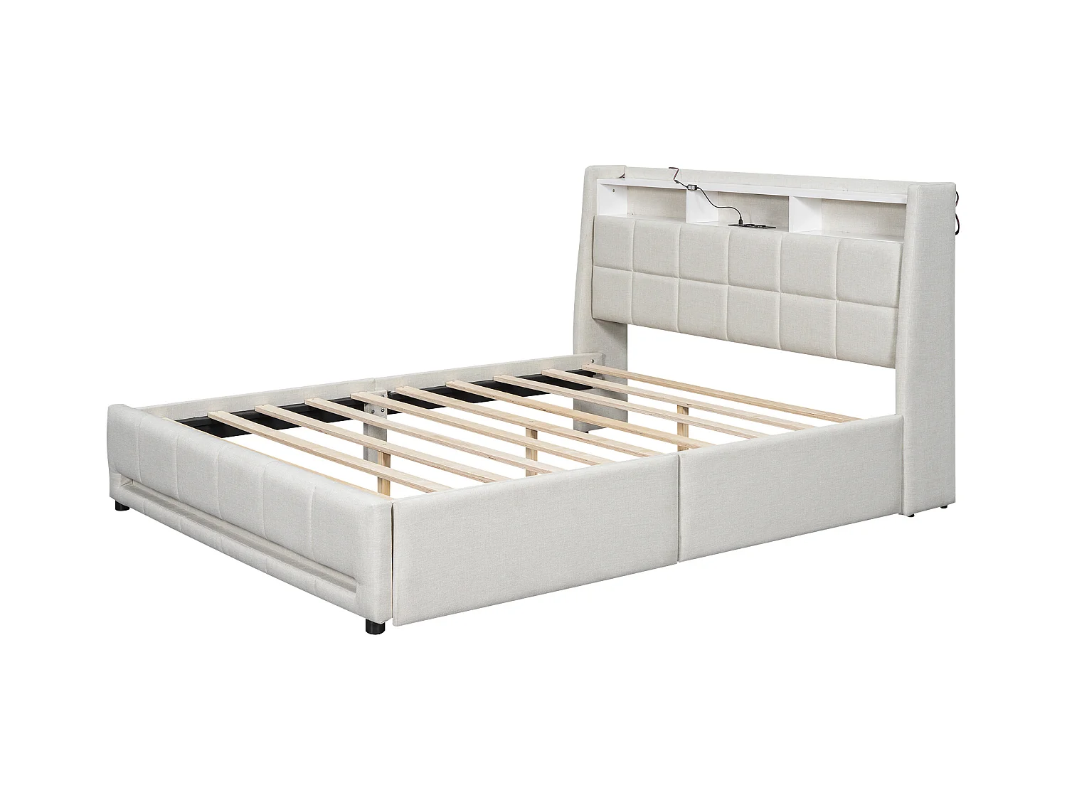 Lit adulte 160 x 200 cm, lit double capitonné avec 2 tiroirs, prises et USB, éclairage LED, sans matelas, lin, beige
