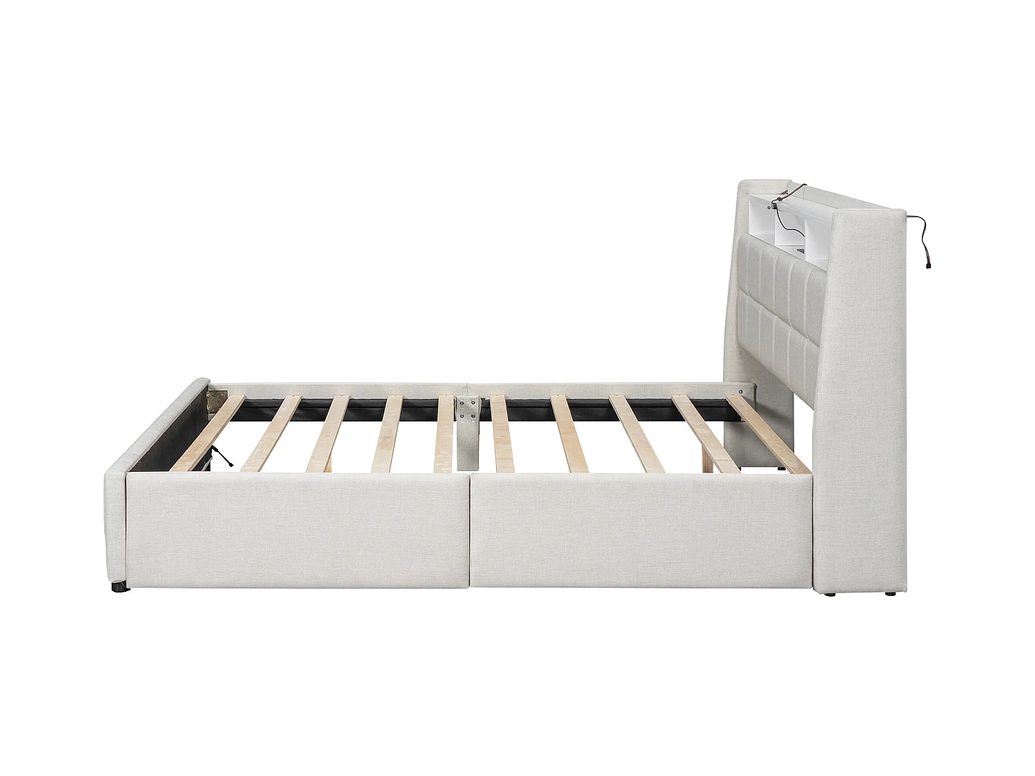 Lit adulte 160 x 200 cm, lit double capitonné avec 2 tiroirs, prises et USB, éclairage LED, sans matelas, lin, beige