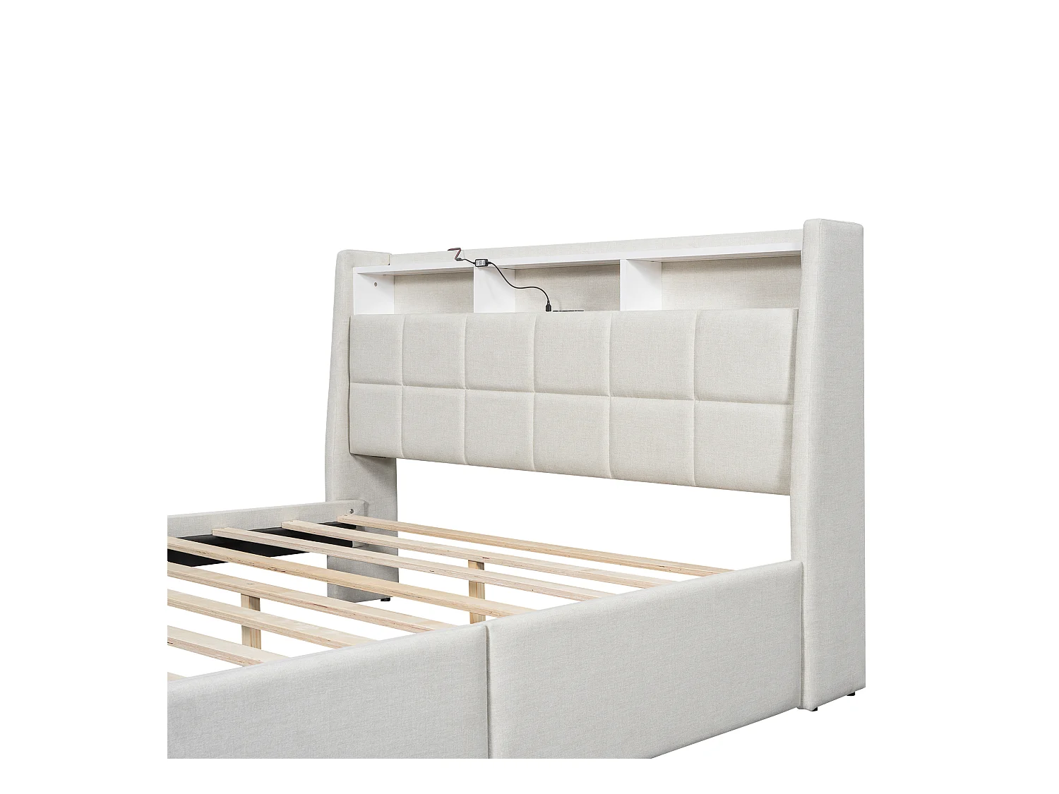 Lit adulte 160 x 200 cm, lit double capitonné avec 2 tiroirs, prises et USB, éclairage LED, sans matelas, lin, beige