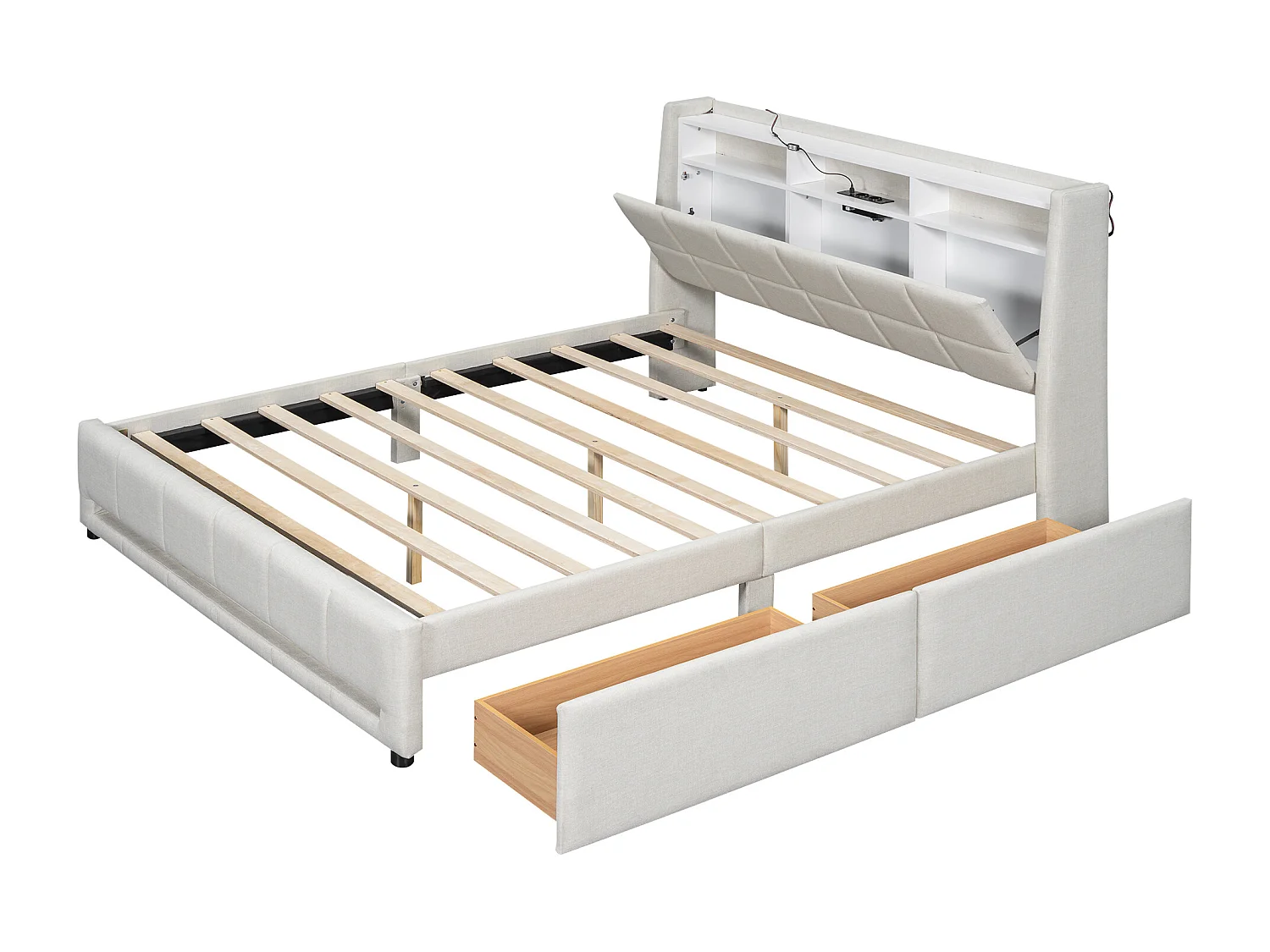 Lit adulte 160 x 200 cm, lit double capitonné avec 2 tiroirs, prises et USB, éclairage LED, sans matelas, lin, beige