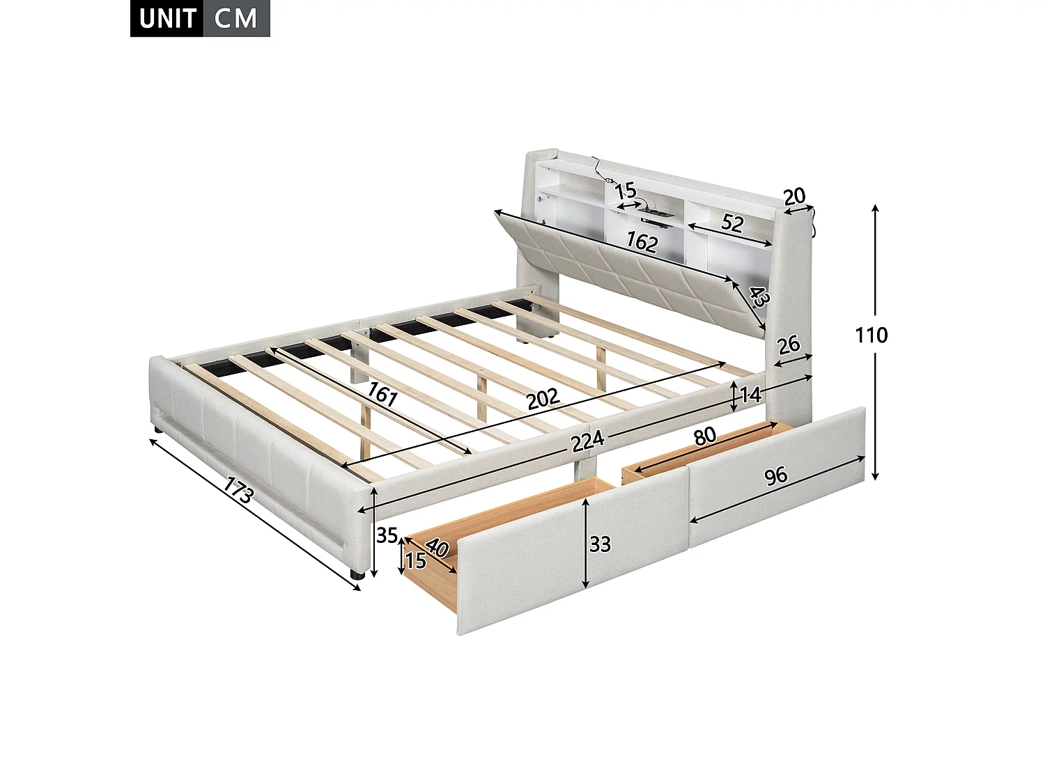 Lit adulte 160 x 200 cm, lit double capitonné avec 2 tiroirs, prises et USB, éclairage LED, sans matelas, lin, beige