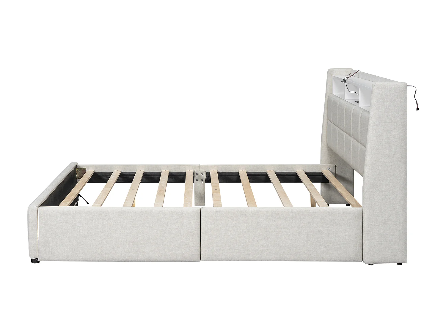Lit adulte 160 x 200 cm, lit double capitonné avec 2 tiroirs, prises et USB, éclairage LED, sans matelas, lin, beige
