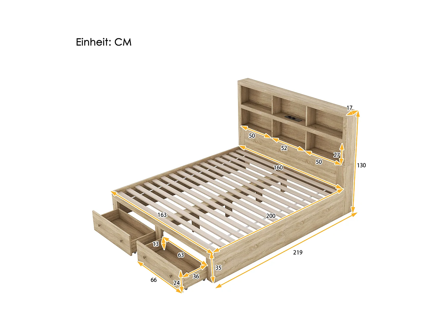 Lit adulte 160x200 cm, Lit double avec 2 tiroirs de rangement, cadre de lit, tête de lit fonctionnelle, sans matels, naturel