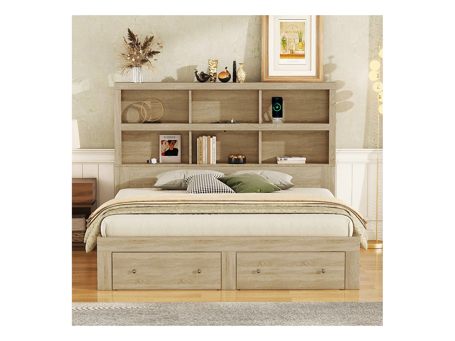 Lit adulte 160x200 cm, Lit double avec 2 tiroirs de rangement, cadre de lit, tête de lit fonctionnelle, sans matels, naturel