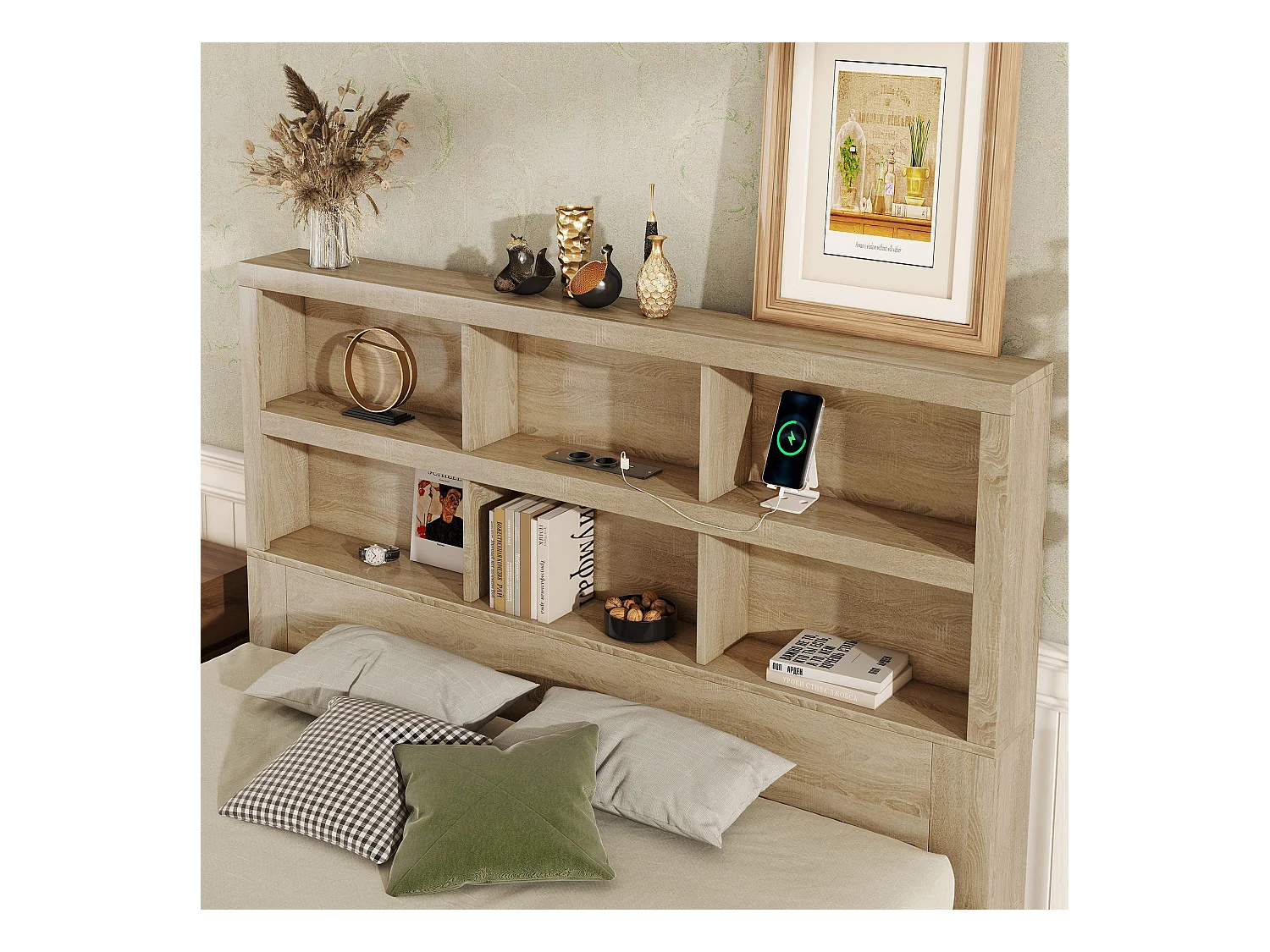 Cama adulto 160x200 cm, Cama doble con 2 cajones de almacenaje, estructura de cama, cabecero funcional, sin colchón, color natural