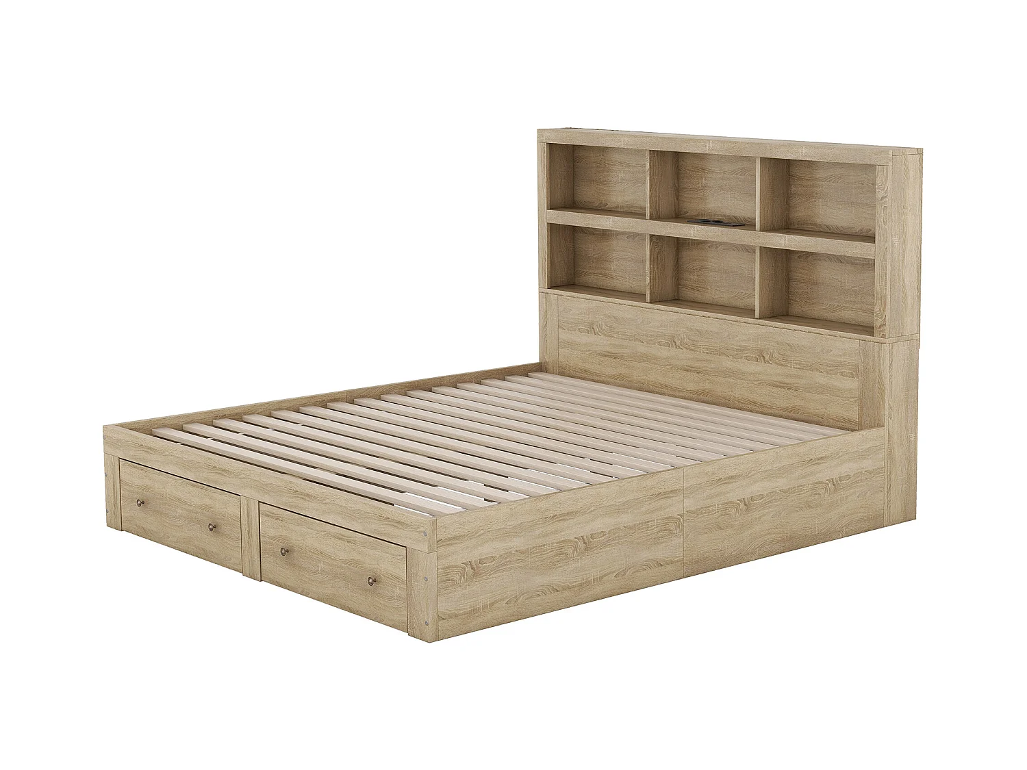 Cama adulto 160x200 cm, Cama doble con 2 cajones de almacenaje, estructura de cama, cabecero funcional, sin colchón, color natural