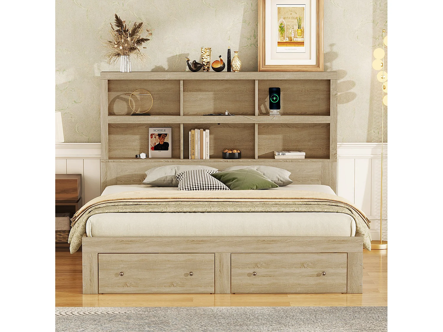 Lit adulte 160x200 cm, Lit double avec 2 tiroirs de rangement, cadre de lit, tête de lit fonctionnelle, sans matels, naturel