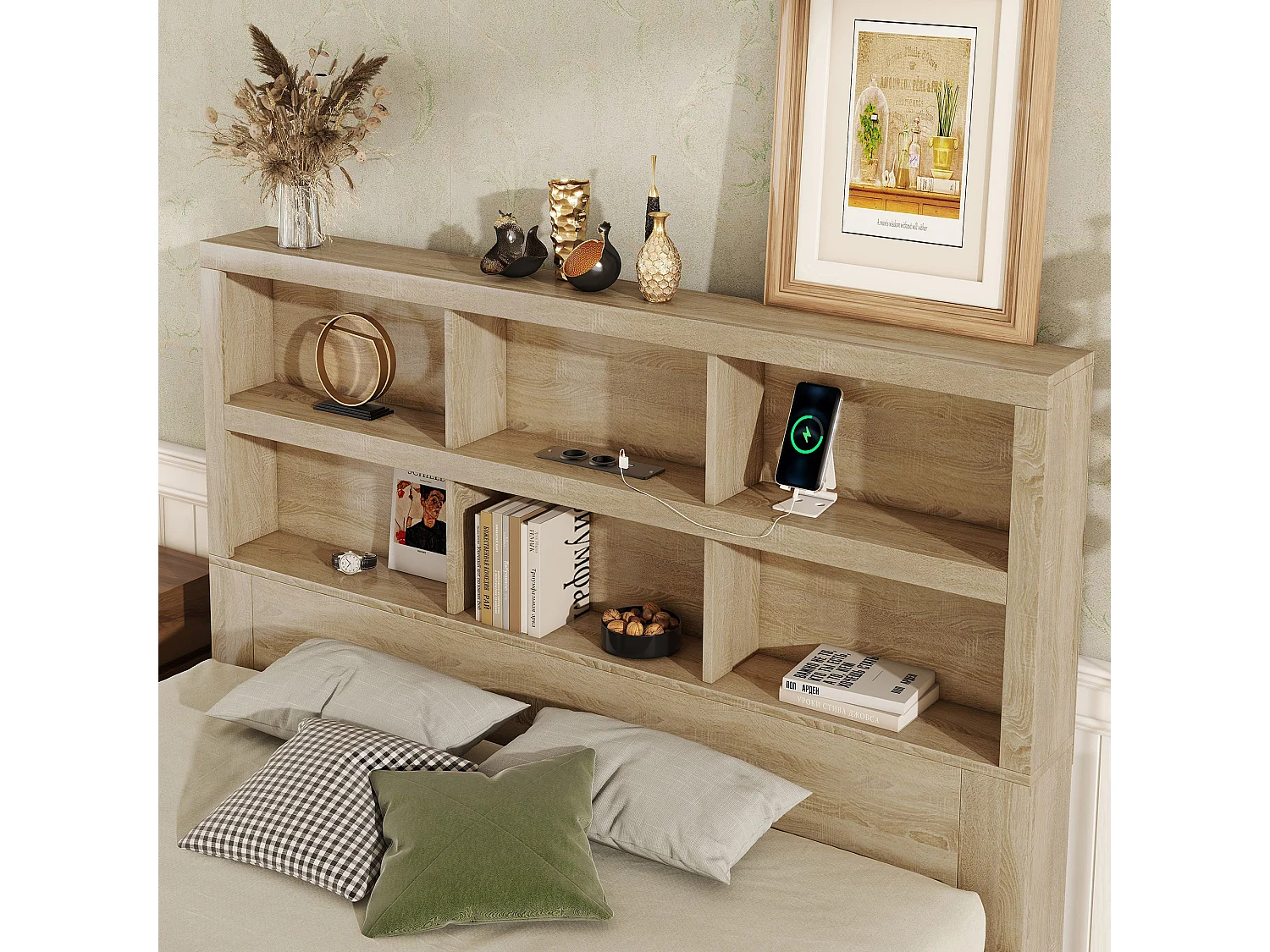 Lit adulte 160x200 cm, Lit double avec 2 tiroirs de rangement, cadre de lit, tête de lit fonctionnelle, sans matels, naturel