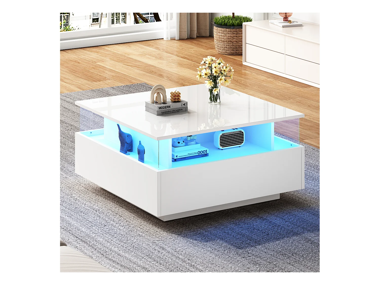 Tavolino quadrato 70x70x41cm con 2 cassetti e LED, corpo laccato bianco lucido