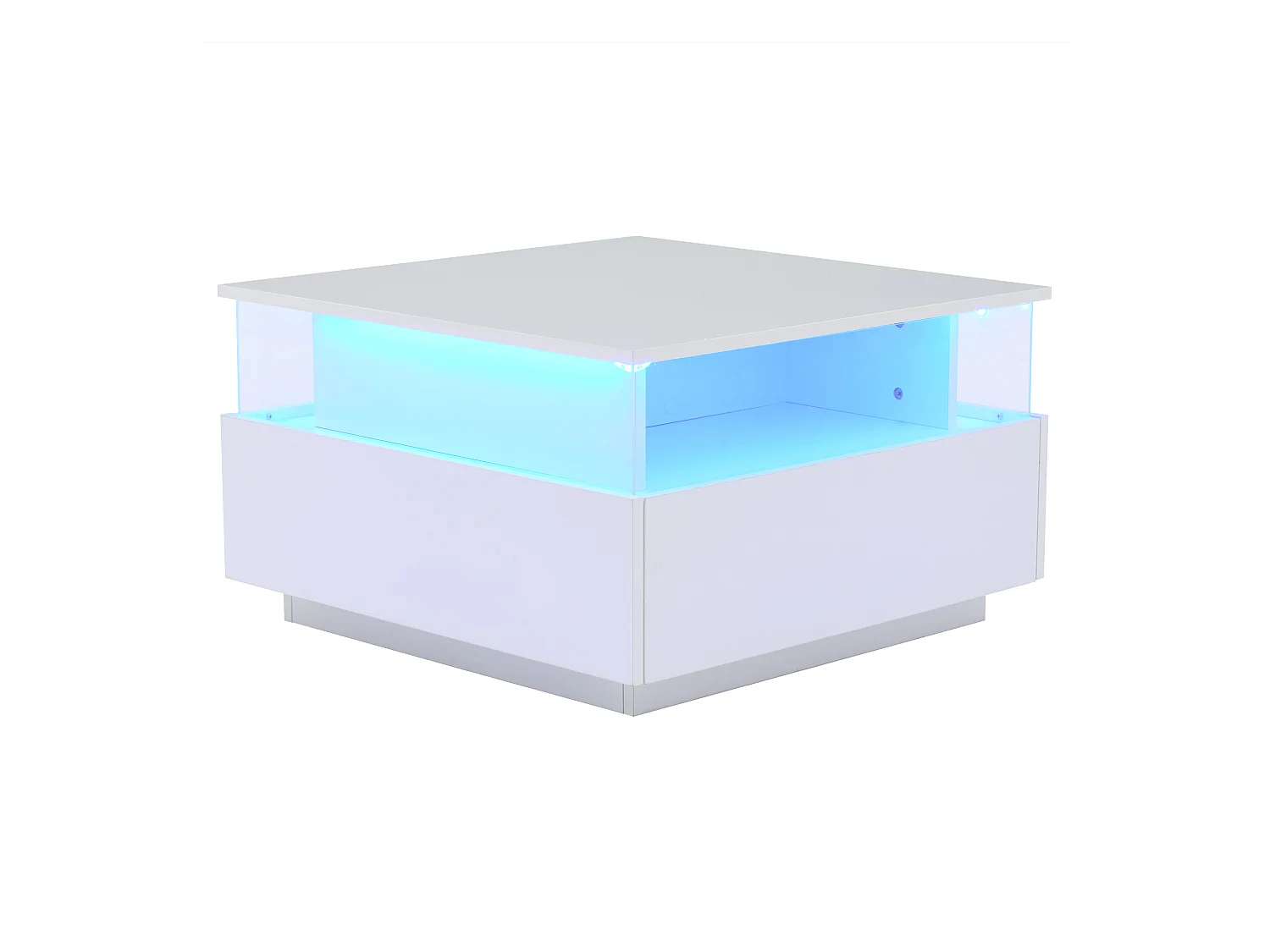 Tavolino quadrato 70x70x41cm con 2 cassetti e LED, corpo laccato bianco lucido