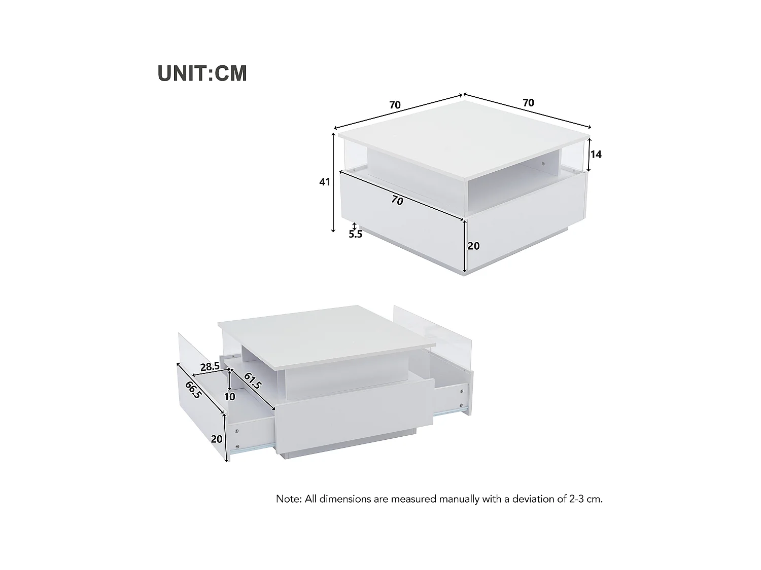 Tavolino quadrato 70x70x41cm con 2 cassetti e LED, corpo laccato bianco lucido