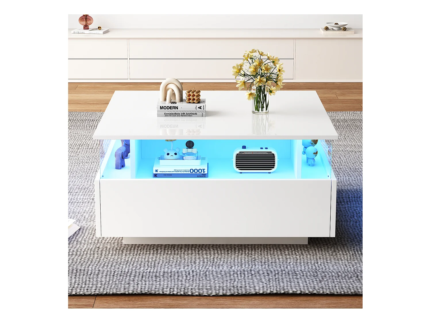 Tavolino quadrato 70x70x41cm con 2 cassetti e LED, corpo laccato bianco lucido