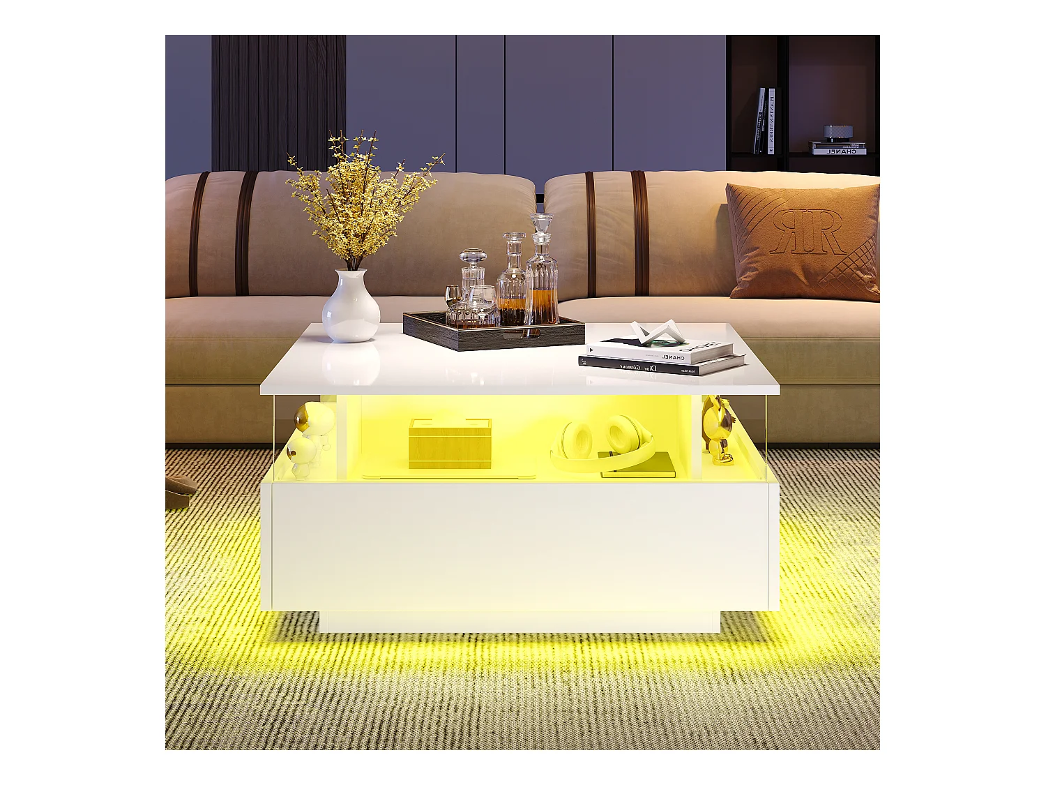 Table basse carré 70x70x41cm avec 2 tiroirs et LED, corps en blanc laqué brillant