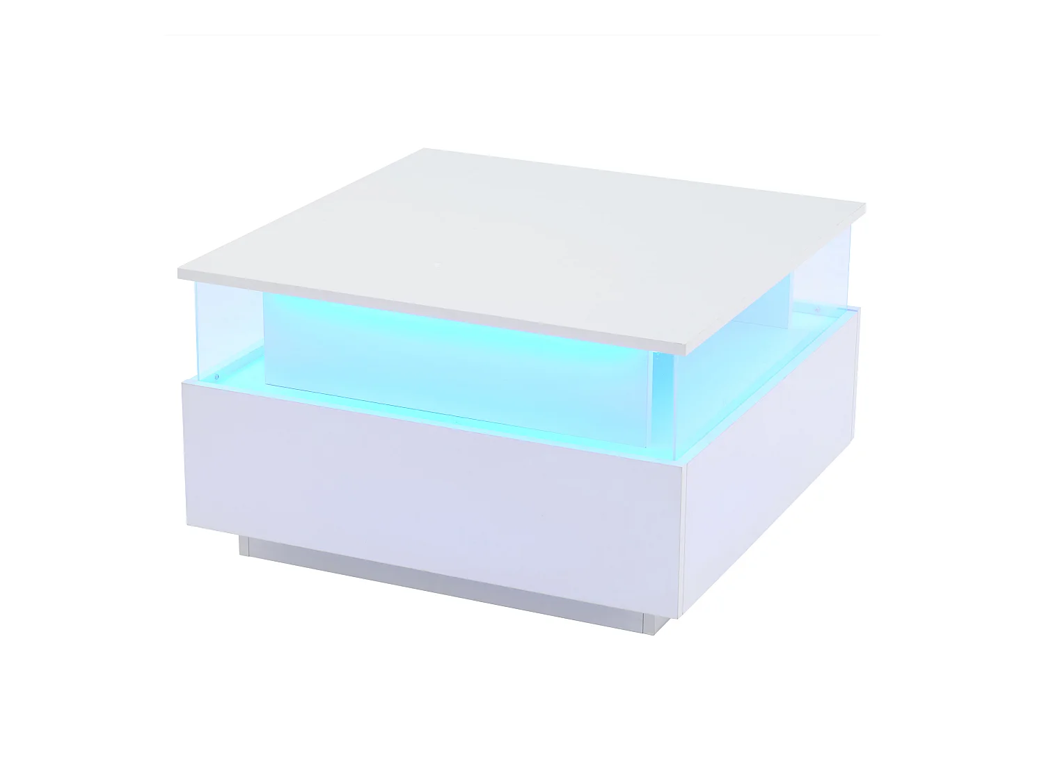 Table basse carré 70x70x41cm avec 2 tiroirs et LED, corps en blanc laqué brillant
