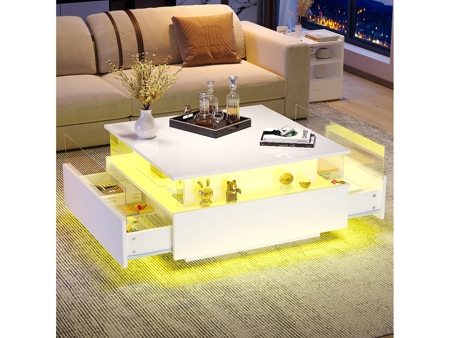 Table basse carré 70x70x41cm avec 2 tiroirs et LED, corps en blanc laqué brillant