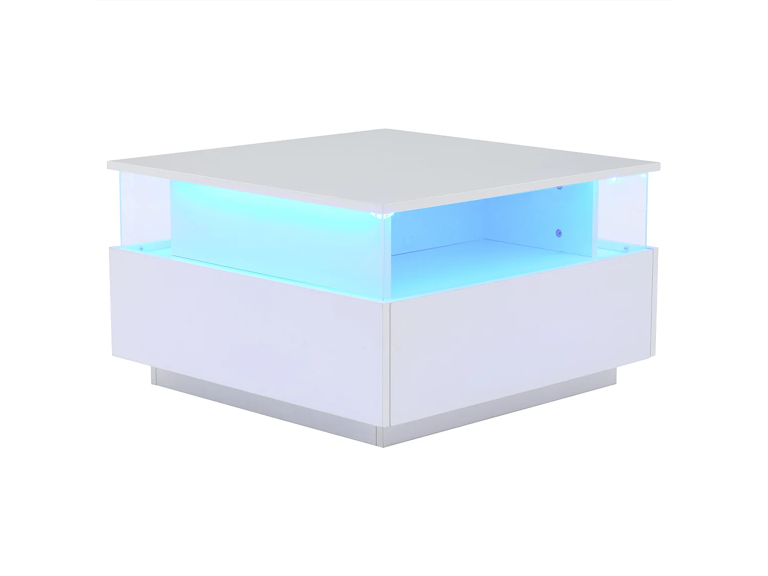 Table basse carré 70x70x41cm avec 2 tiroirs et LED, corps en blanc laqué brillant