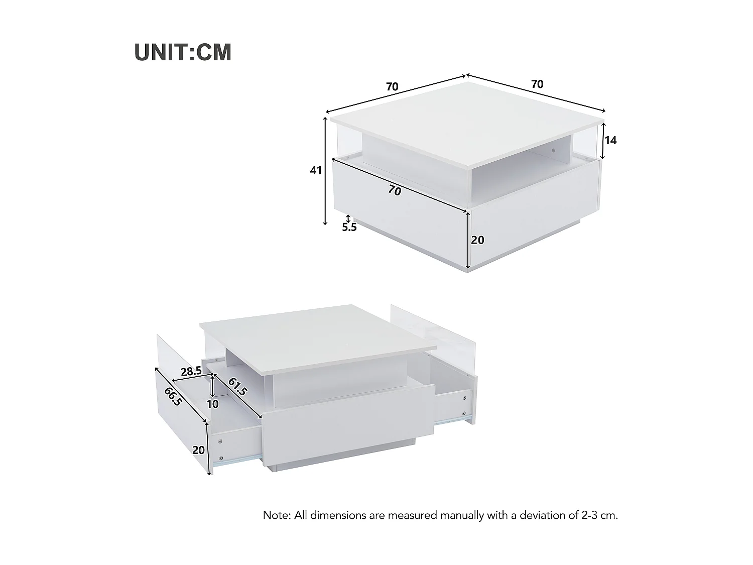 Table basse carré 70x70x41cm avec 2 tiroirs et LED, corps en blanc laqué brillant