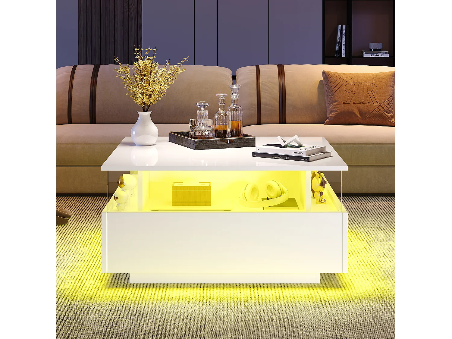 Table basse carré 70x70x41cm avec 2 tiroirs et LED, corps en blanc laqué brillant