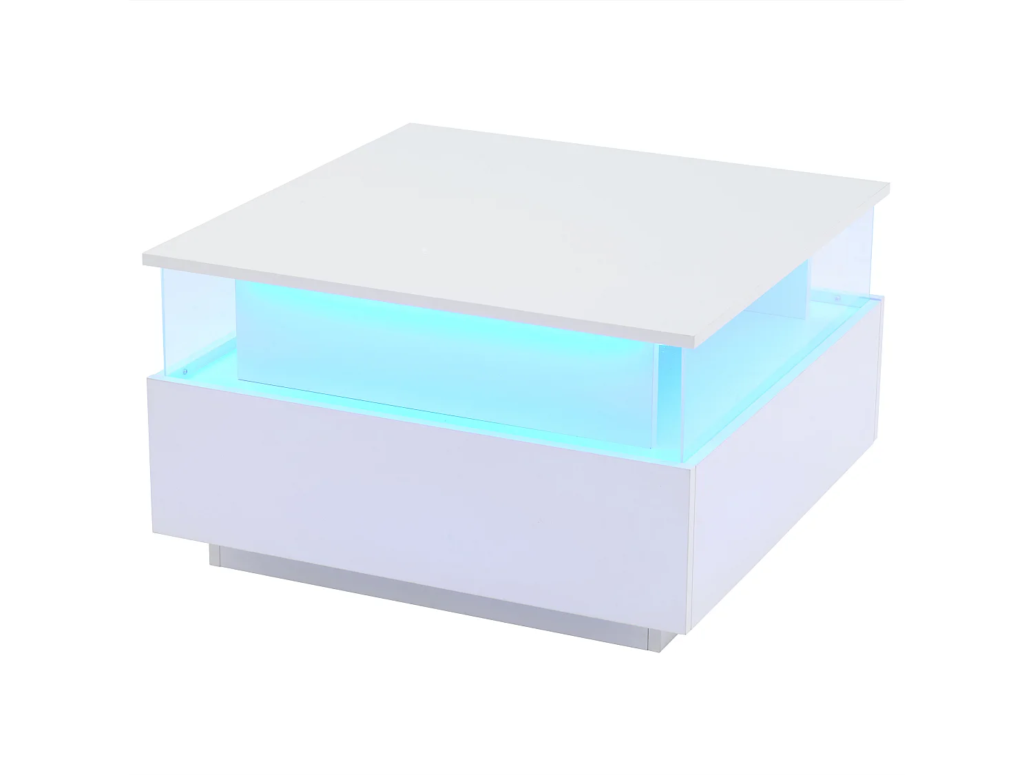 Table basse carré 70x70x41cm avec 2 tiroirs et LED, corps en blanc laqué brillant