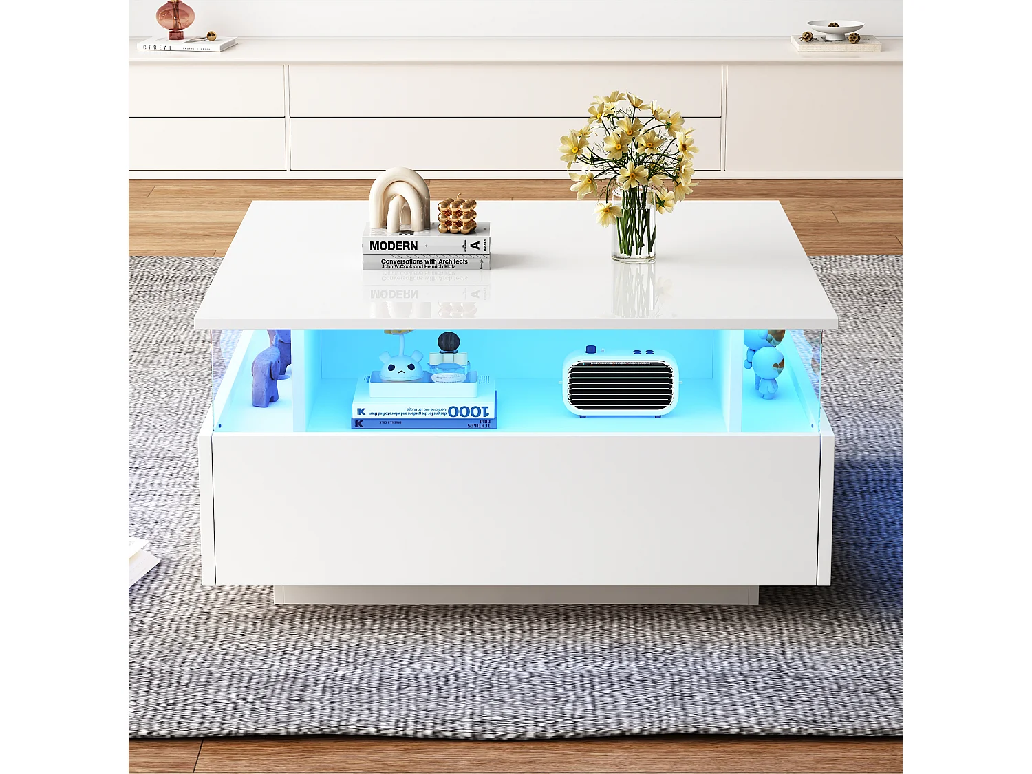 Table basse carré 70x70x41cm avec 2 tiroirs et LED, corps en blanc laqué brillant