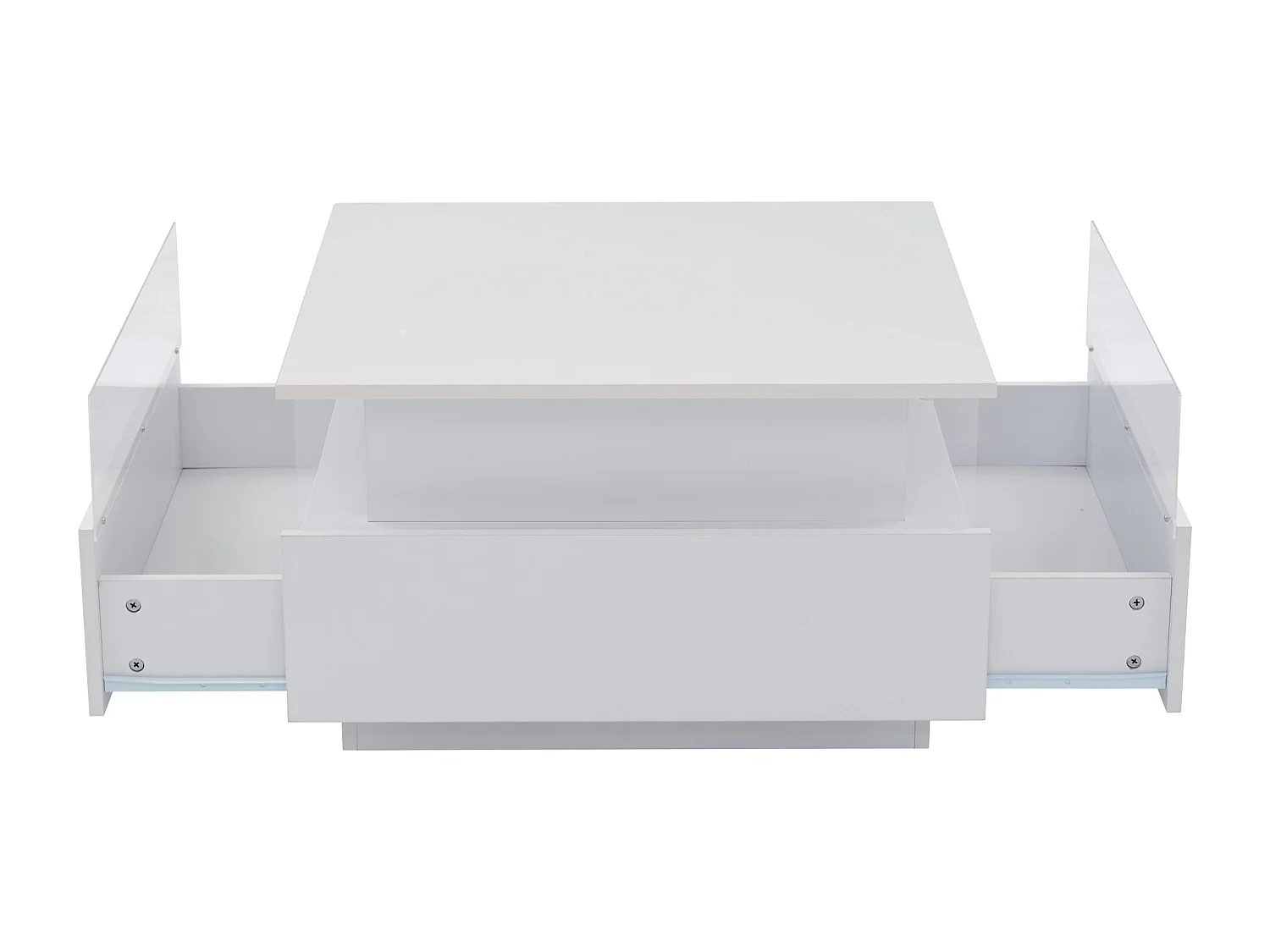 Table basse carré 70x70x41cm avec 2 tiroirs et LED, corps en blanc laqué brillant