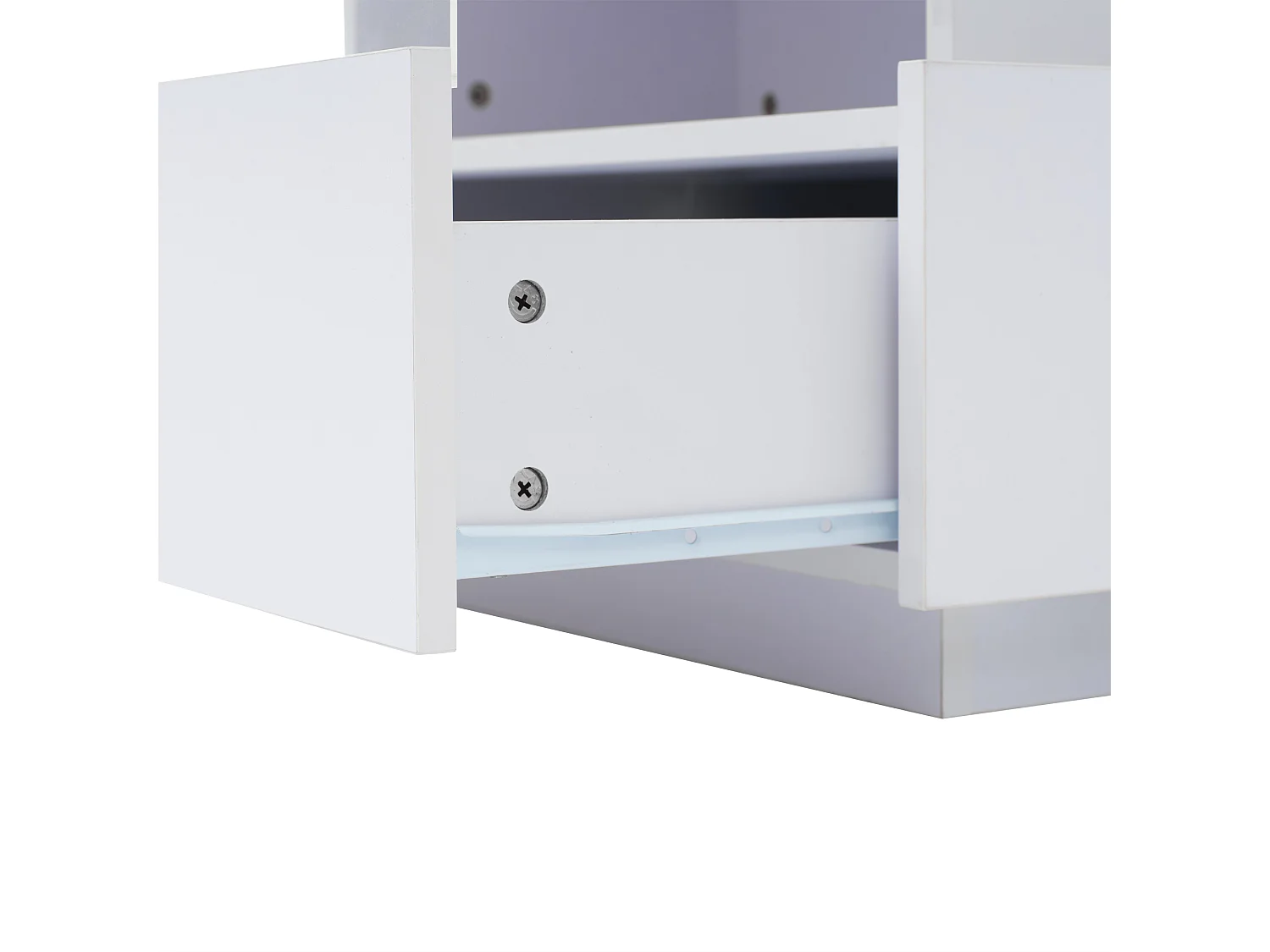 Table basse carré 70x70x41cm avec 2 tiroirs et LED, corps en blanc laqué brillant