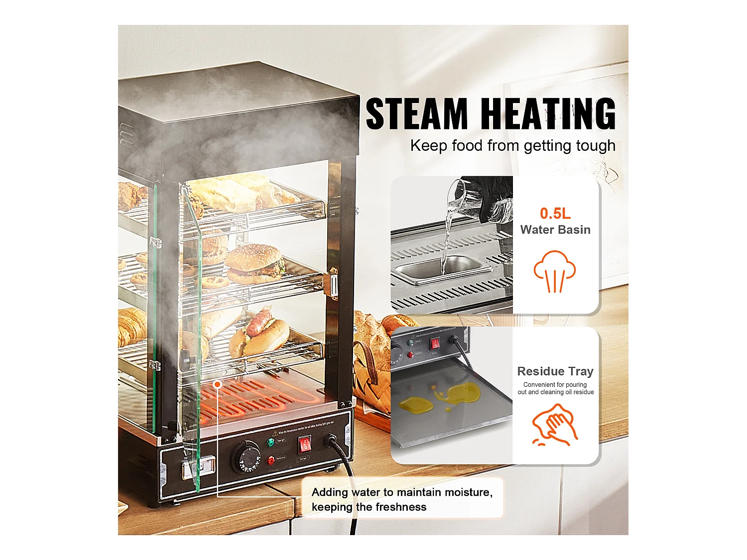 Vitrine Chauffante SucceBuy, Présentoir de Comptoir Chauffant Commercial à 3 niveaux avec Éclairage pour Pizza