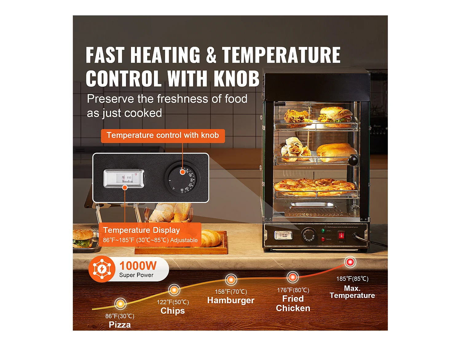 Vitrine Chauffante SucceBuy, Présentoir de Comptoir Chauffant Commercial à 3 niveaux avec Éclairage pour Pizza