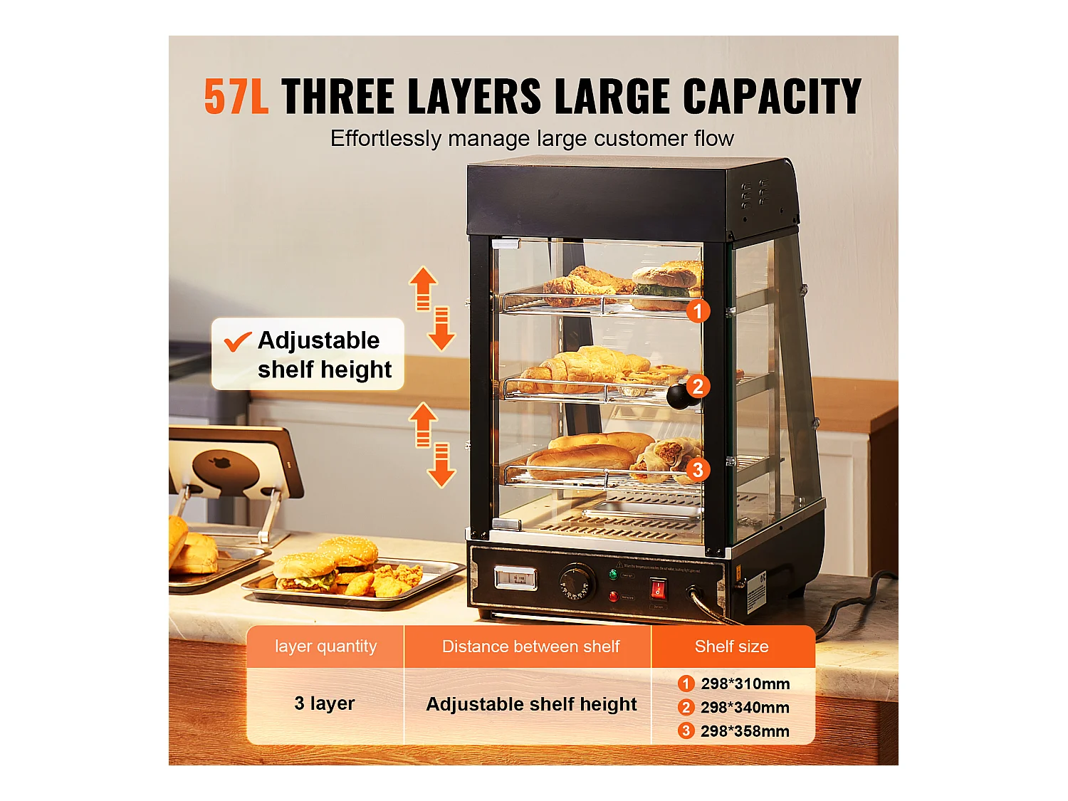 Vitrine Chauffante SucceBuy, Présentoir de Comptoir Chauffant Commercial à 3 niveaux avec Éclairage pour Pizza