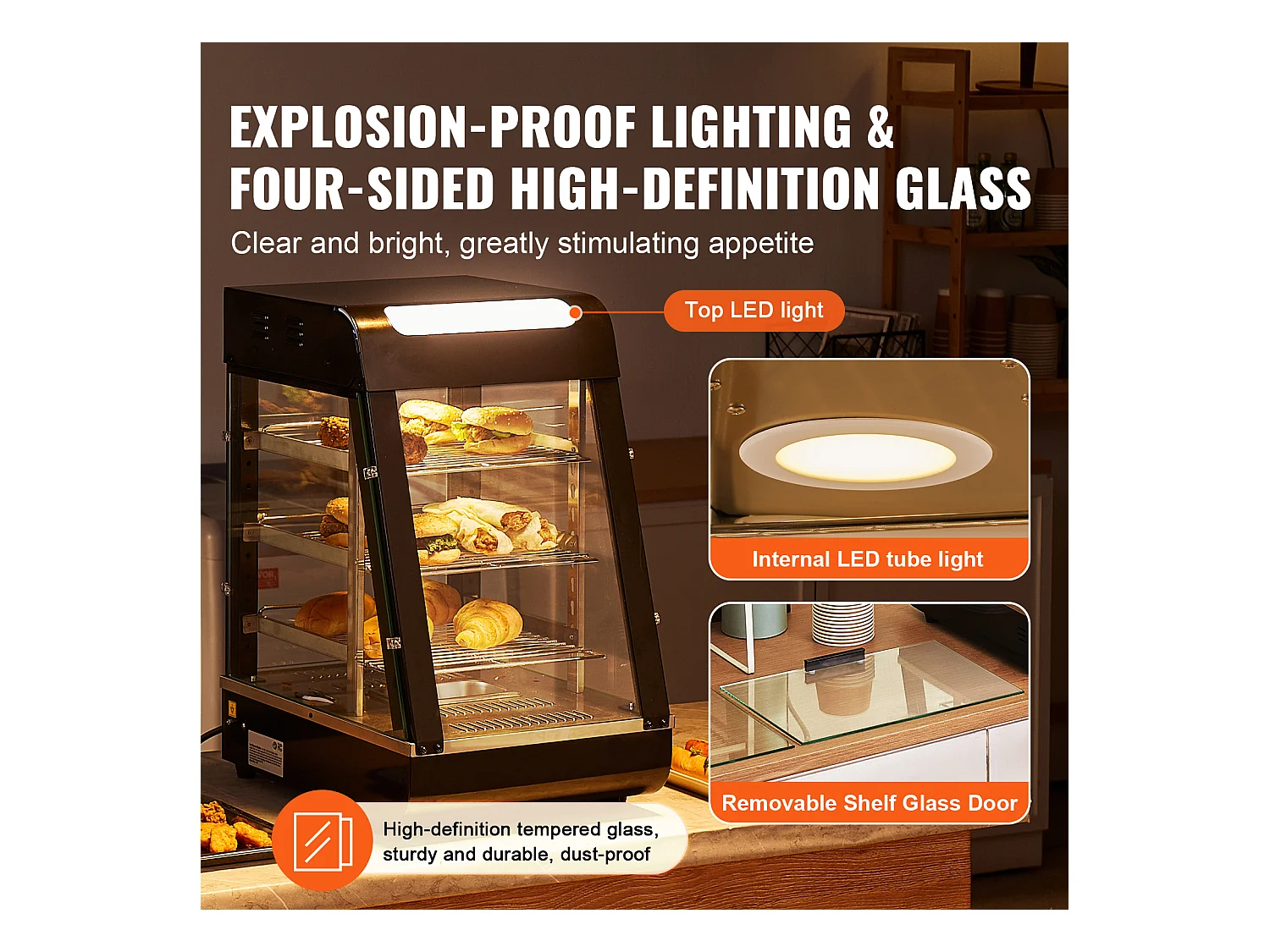 Vitrine Chauffante SucceBuy, Présentoir de Comptoir Chauffant Commercial à 3 niveaux avec Éclairage pour Pizza