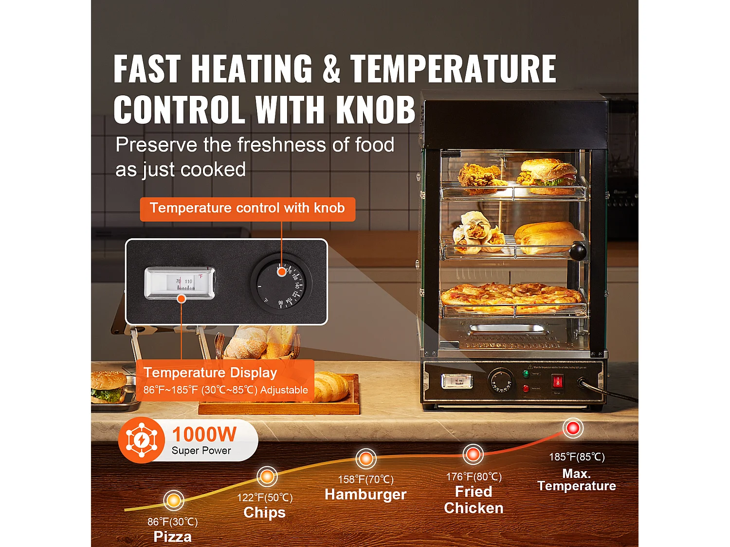 Vitrine Chauffante SucceBuy, Présentoir de Comptoir Chauffant Commercial à 3 niveaux avec Éclairage pour Pizza