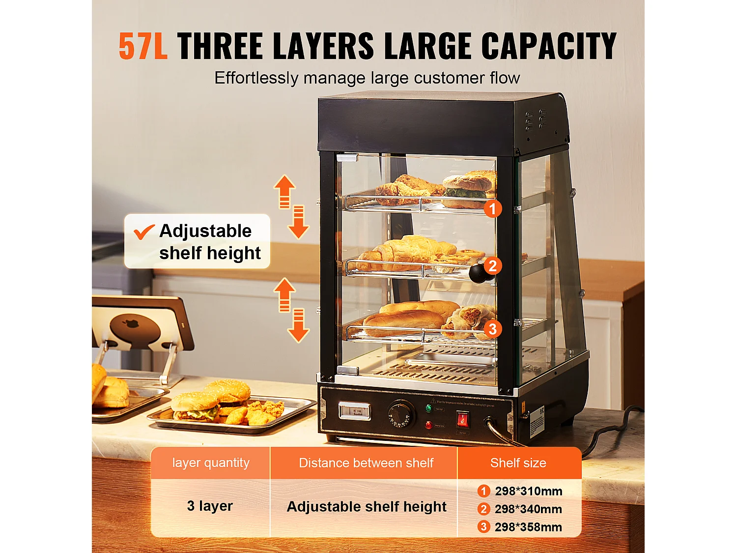 Vitrine Chauffante SucceBuy, Présentoir de Comptoir Chauffant Commercial à 3 niveaux avec Éclairage pour Pizza