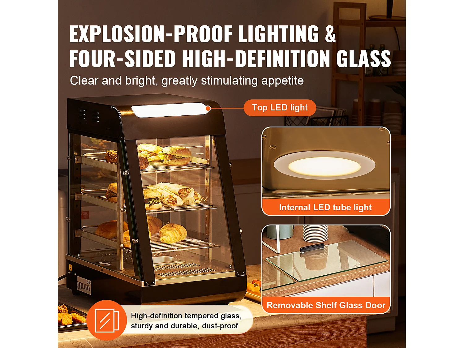 Vitrine Chauffante SucceBuy, Présentoir de Comptoir Chauffant Commercial à 3 niveaux avec Éclairage pour Pizza