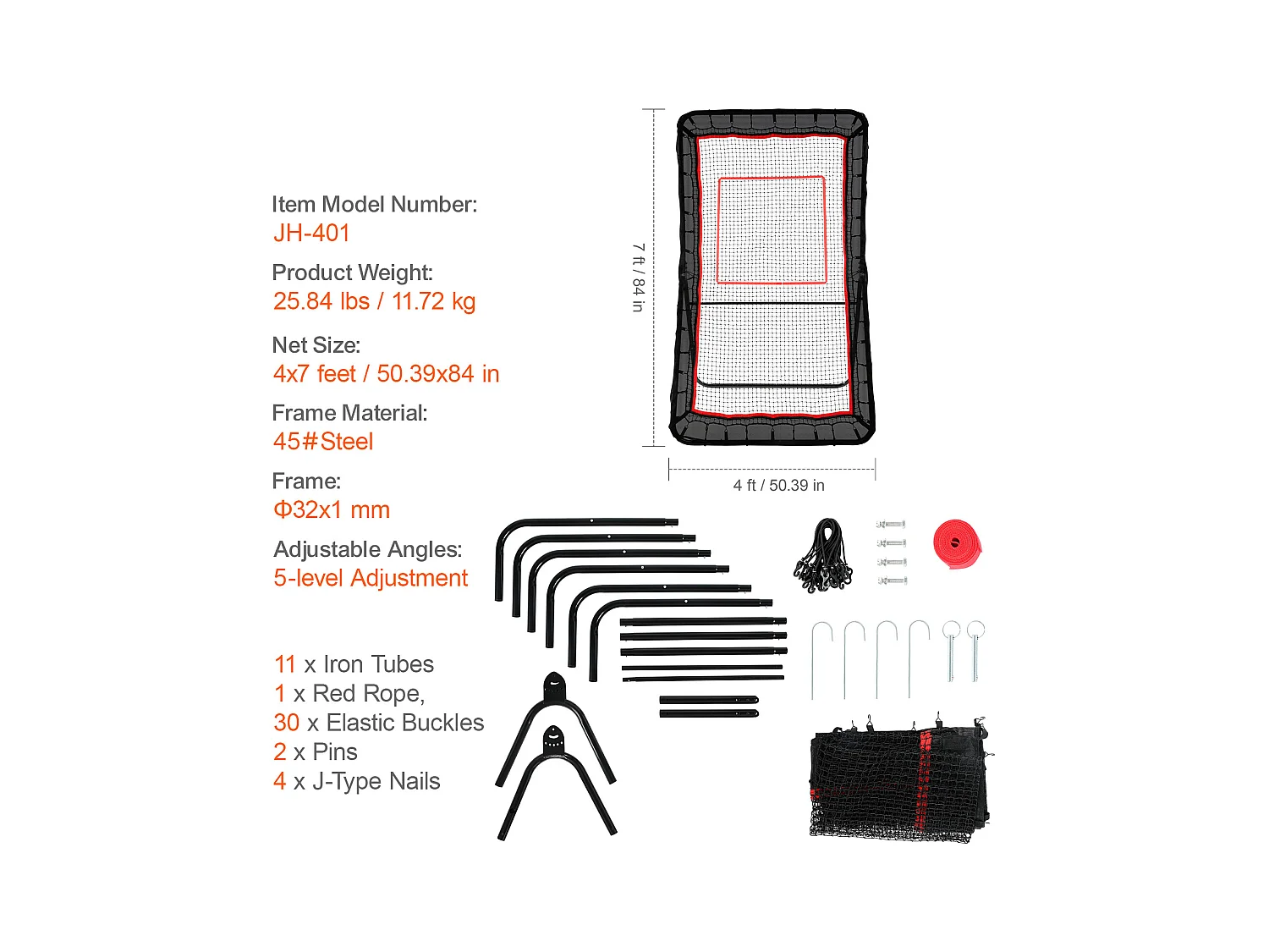 Red de Rebote de Béisbol SucceBuy 121,92 x 213,4 cm Lacrosse Baseball Rebounder, Red de Rebote de Softbol, Ángulo Ajustable