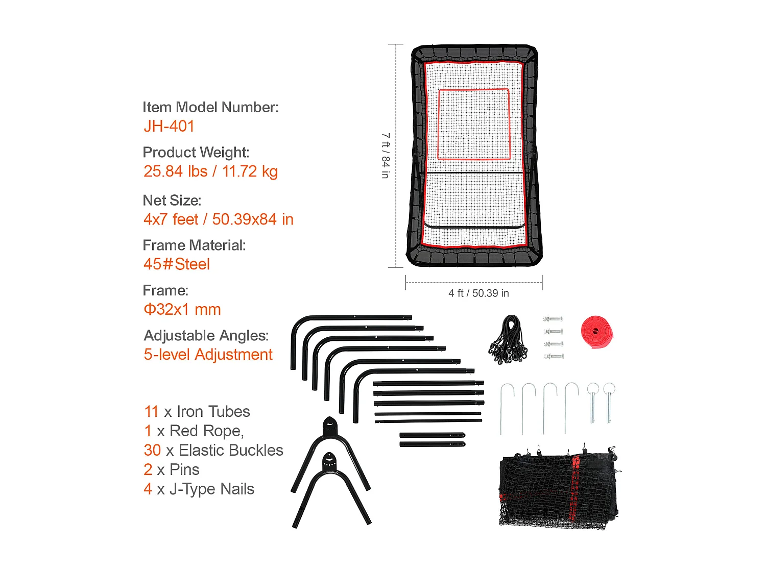 Filet de Rebond de Baseball SucceBuy 121.92 x 213.4cm Lacrosse Baseball Rebounder, Softball Bounce Back Net, Angle Réglable