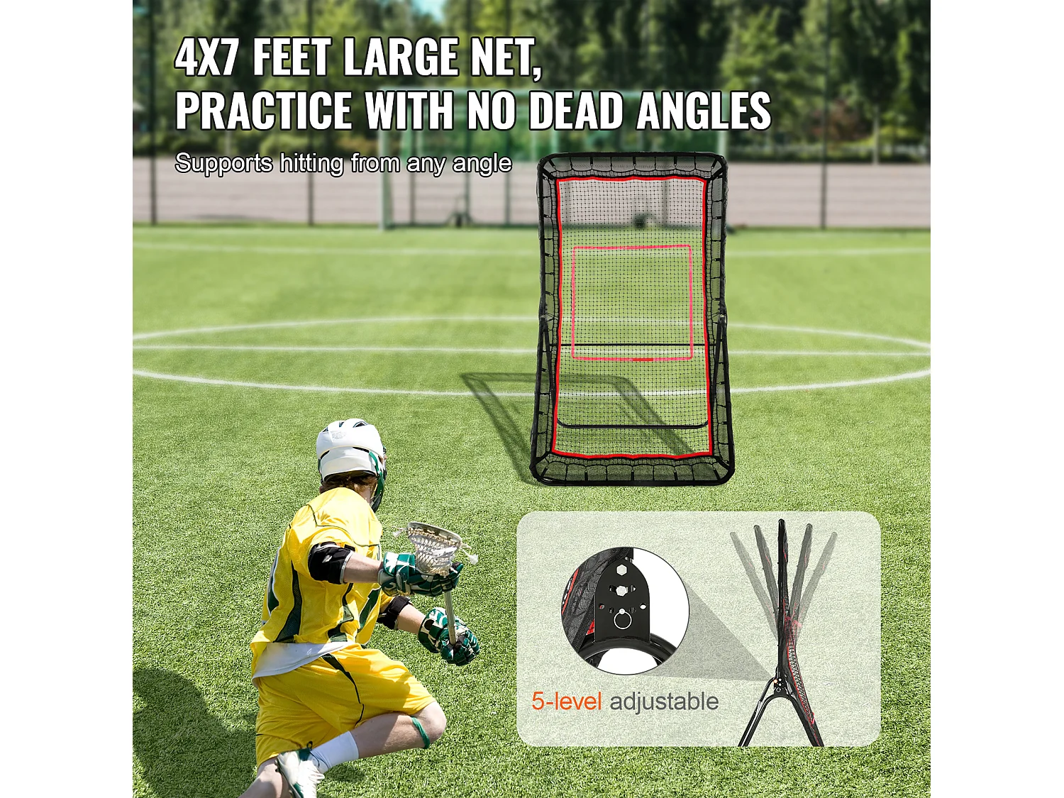 Filet de Rebond de Baseball SucceBuy 121.92 x 213.4cm Lacrosse Baseball Rebounder, Softball Bounce Back Net, Angle Réglable