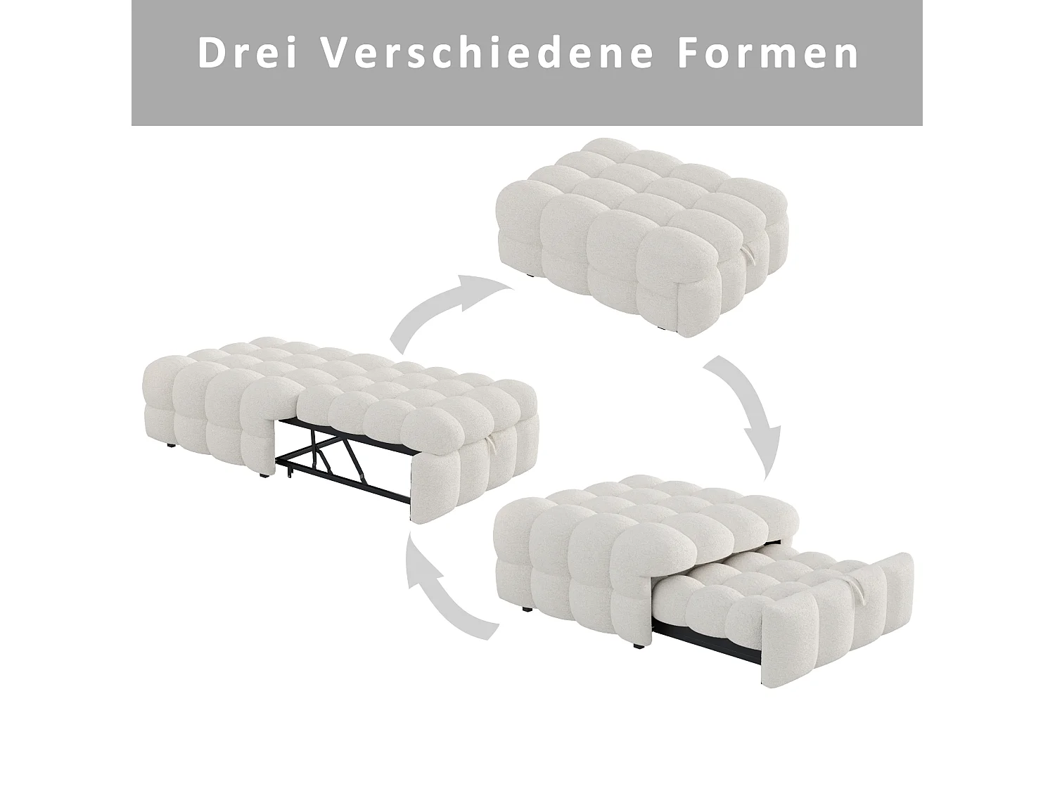 Lit enfant 70x100/180cm convertible en pouf, tissu en Teddy beige, cadre en métal, sans matelas