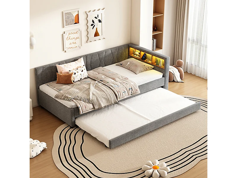 Lit banquette enfant 90x200cm gris en lin avec lit gigogne 90x190cm, LED et USB, sommier à lattes, sans matelas