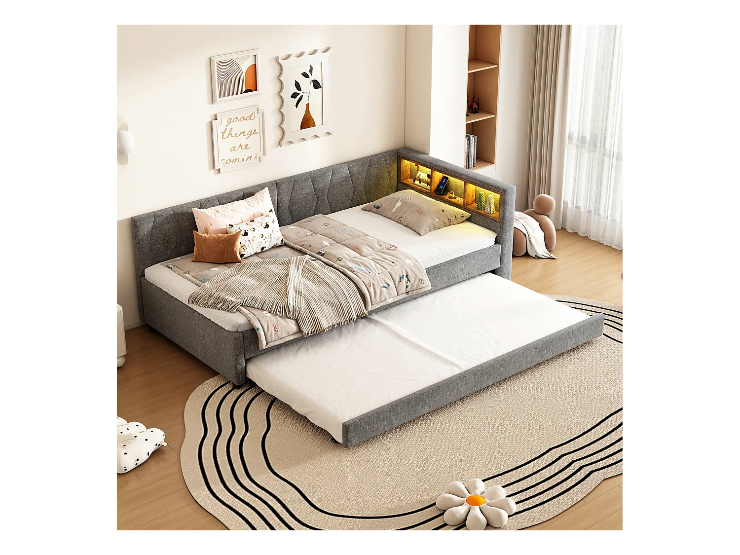 Kinderslaapbank 90x200cm grijs linnen met uitschuifbed 90x190cm, LED en USB, lattenbodem, zonder matras