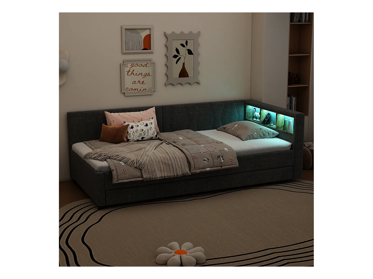 Kinderslaapbank 90x200cm grijs linnen met uitschuifbed 90x190cm, LED en USB, lattenbodem, zonder matras