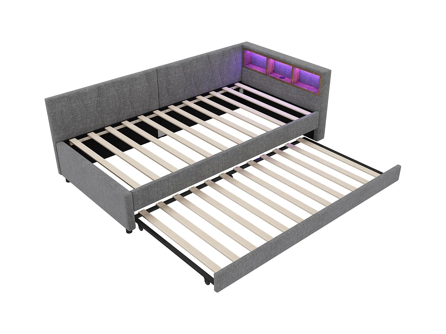 Kinderslaapbank 90x200cm grijs linnen met uitschuifbed 90x190cm, LED en USB, lattenbodem, zonder matras