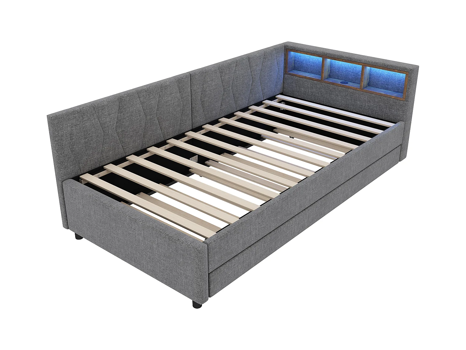 Kinderslaapbank 90x200cm grijs linnen met uitschuifbed 90x190cm, LED en USB, lattenbodem, zonder matras