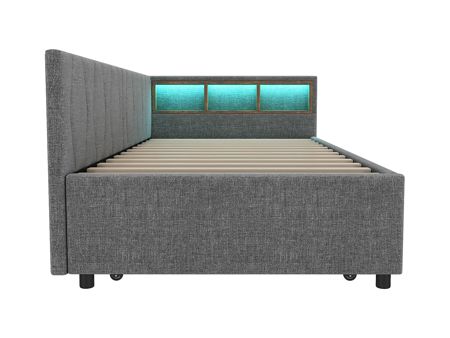 Lit banquette enfant 90x200cm gris en lin avec lit gigogne 90x190cm, LED et USB, sommier à lattes, sans matelas