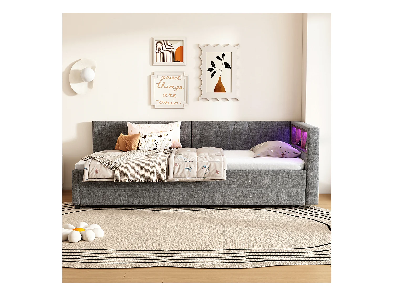 Lit banquette enfant 90x200cm gris en lin avec lit gigogne 90x190cm, LED et USB, sommier à lattes, sans matelas