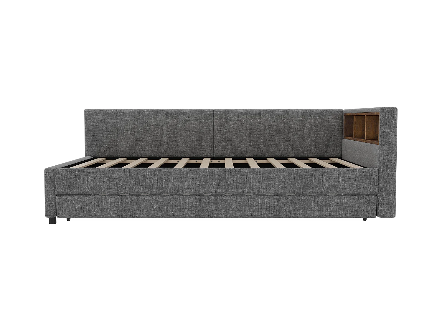 Lit banquette enfant 90x200cm gris en lin avec lit gigogne 90x190cm, LED et USB, sommier à lattes, sans matelas